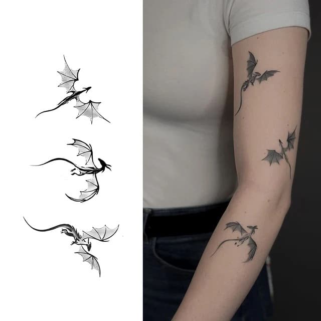 Trio of ink-wash dragons in flight — view 1