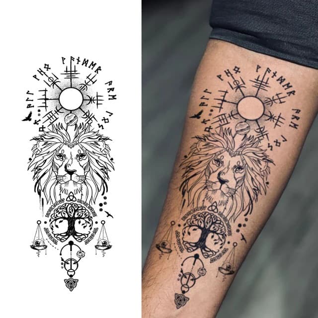 Runed lion with tree of life and scales — view 1