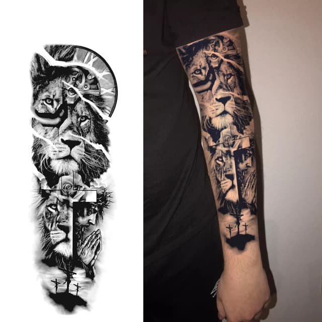 Lion, lioness and Christ at Calvary — full sleeve — view 1