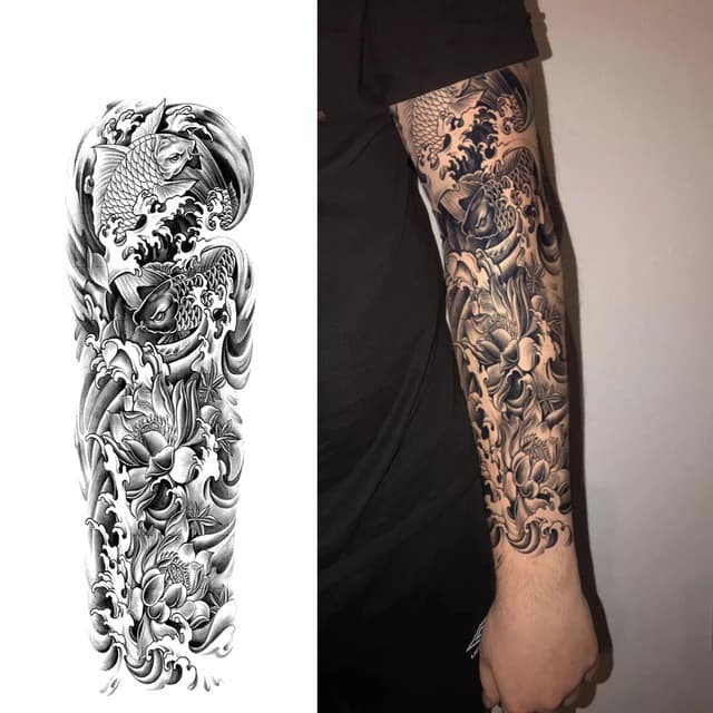 Koi and lotus through breaking waves — full sleeve — view 1