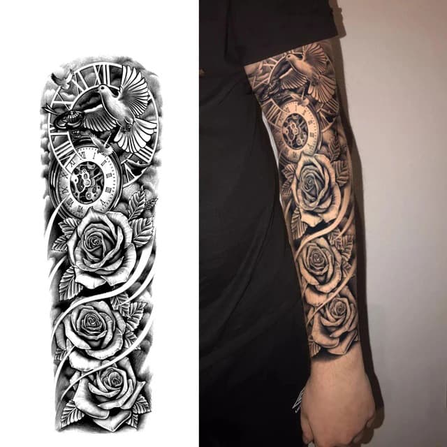 Pocket watch, dove and roses — full sleeve — view 1