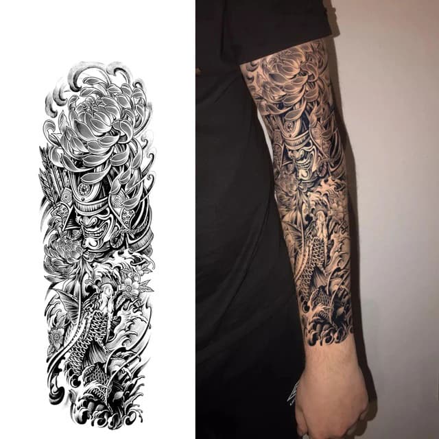 Hannya, peony and koi — full sleeve — view 1