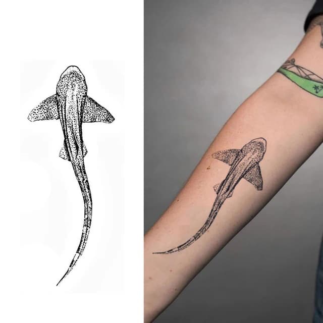 Dotwork bamboo shark with trailing tail — view 1