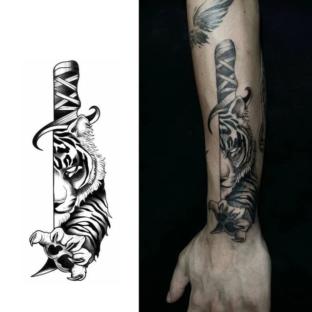 Tiger gripping a wrapped tantō — view 1