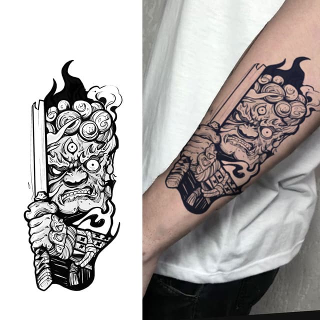 Oni unsheathing a katana through smoke — view 1