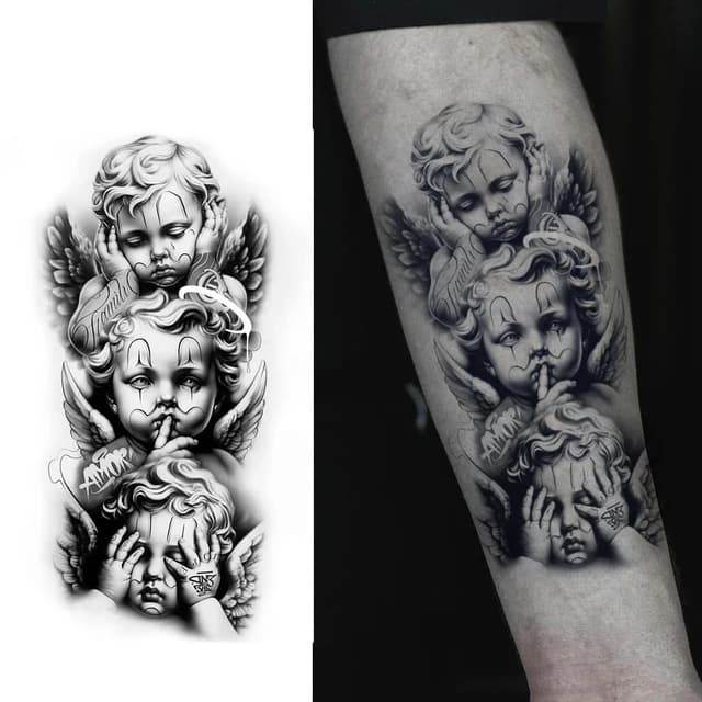 Three cherubs and the word Amor — view 1